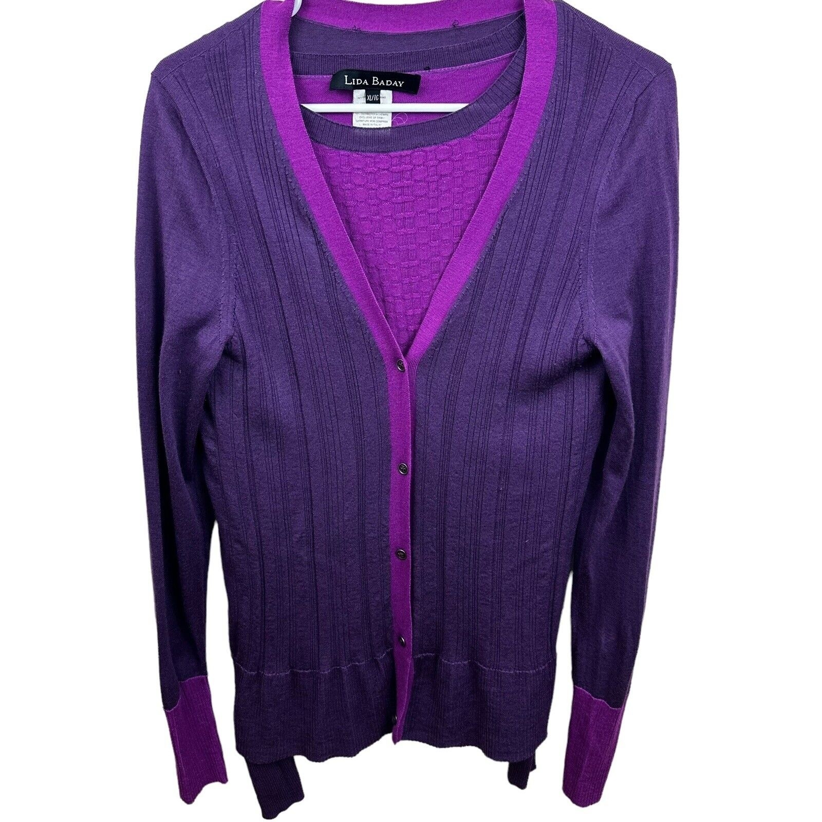 Lida Baday Italy Sweater Cardigan Set Xl Designer Wool Silk Cashmere Purple Flaw
